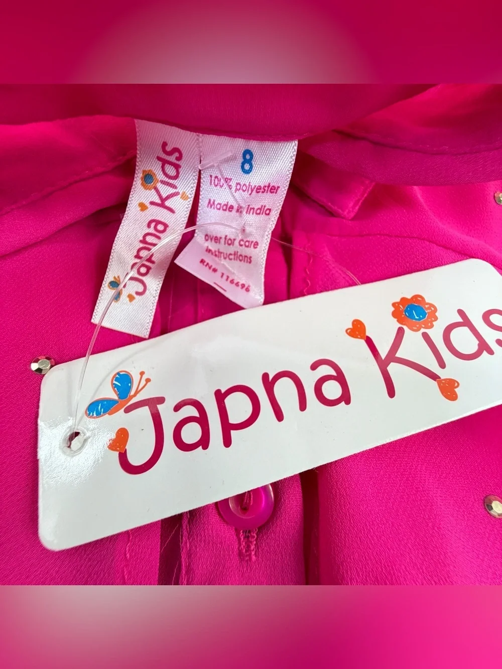 Japna Kids Hot Pink Rhinestone Sheer High Low Tunic Blouse Size 8 NWT